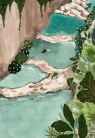 Millpu Art Print of scenic turquoise pools surrounded by cliffs and lush greenery, eco-friendly recycled paper design from Montreal