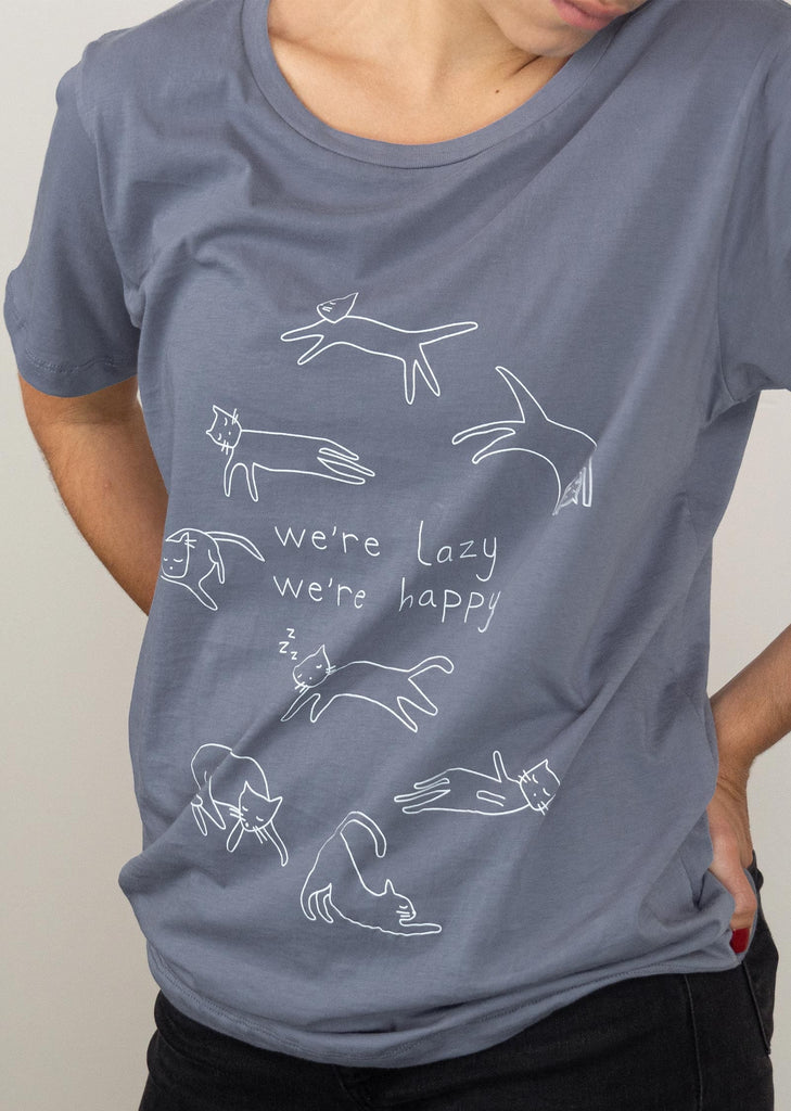 t-shirt with illustrations of sleeping and resting cats by mimi and august